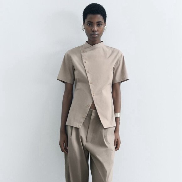 Zara Asymmetrical Button Shirt Taupe Short Sleeve Women’s Small NWT Minimalist - Picture 1 of 10